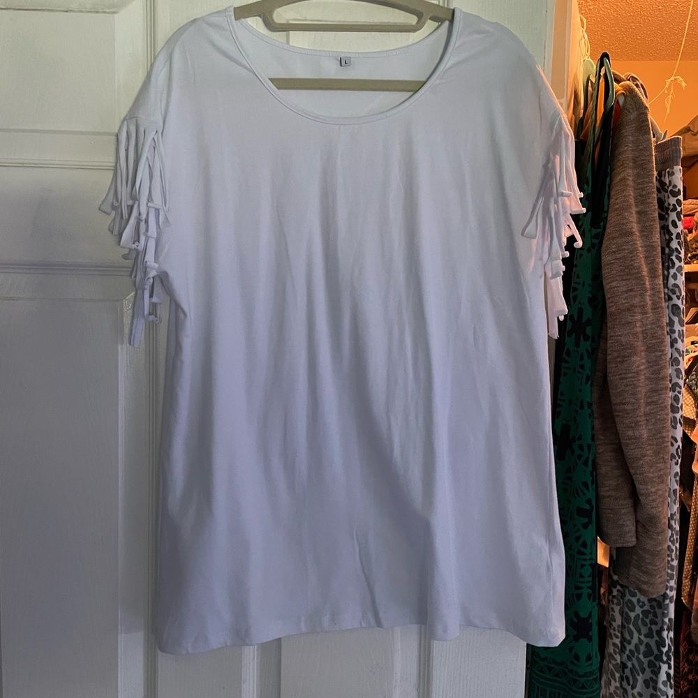 Women's White Fringe Sleeve Short Sleeve Tee ((SKU 5041) - Picture 3 of 3
